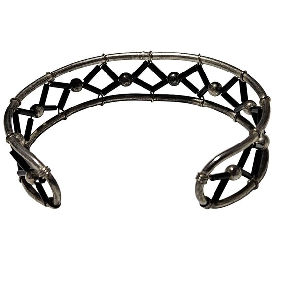 Vintage Boho Chic Silver Tone Cuff Bracelet Black Enamel Geometric Design Women - Picture 3 of 5